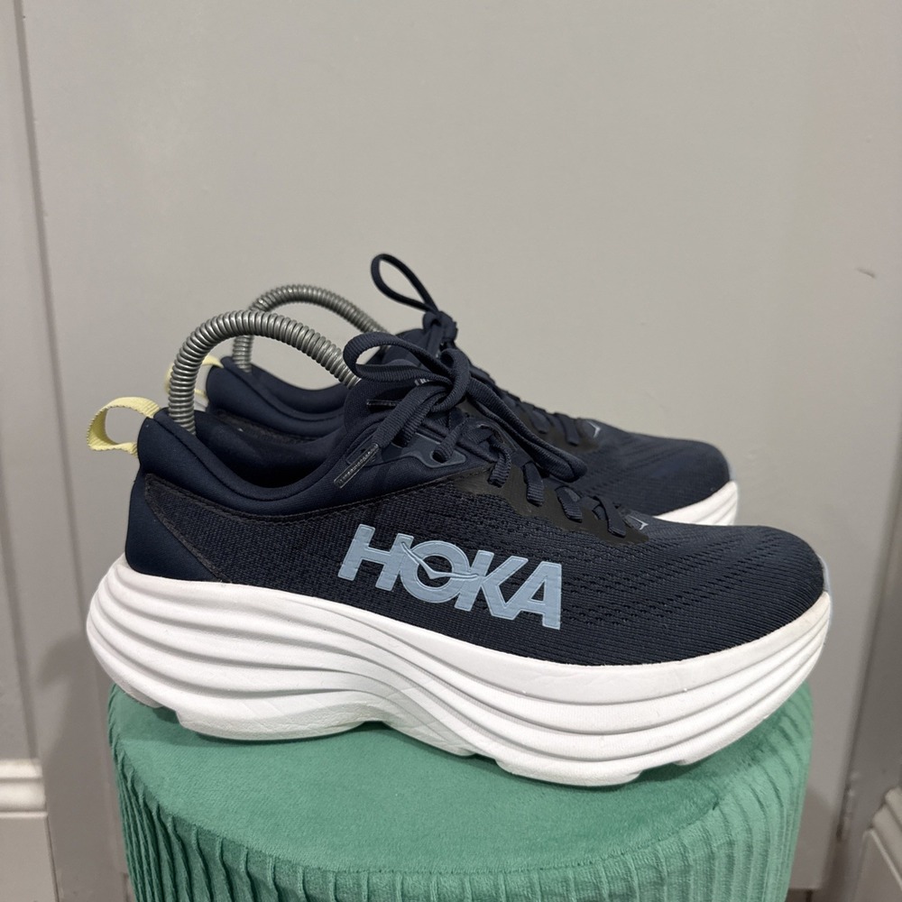 Hoka One One Bondi 8 Womens Running Shoes Navy Blue White Sneakers 7.5B US